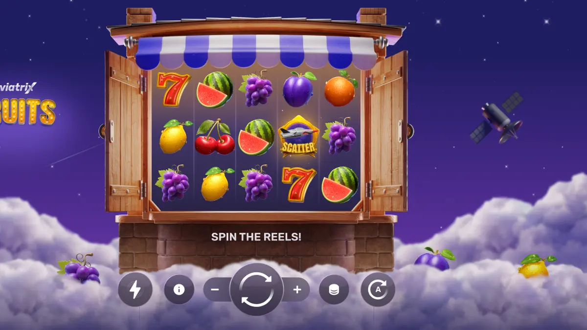 Tampilan visual slot Aviatrix Fruits dengan elemen pesawat dan simbol buah klasik